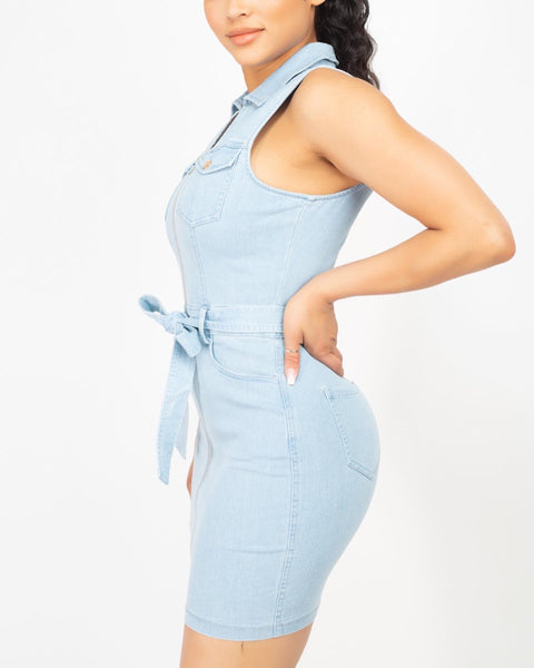 SELF TIE DENIM DRESS