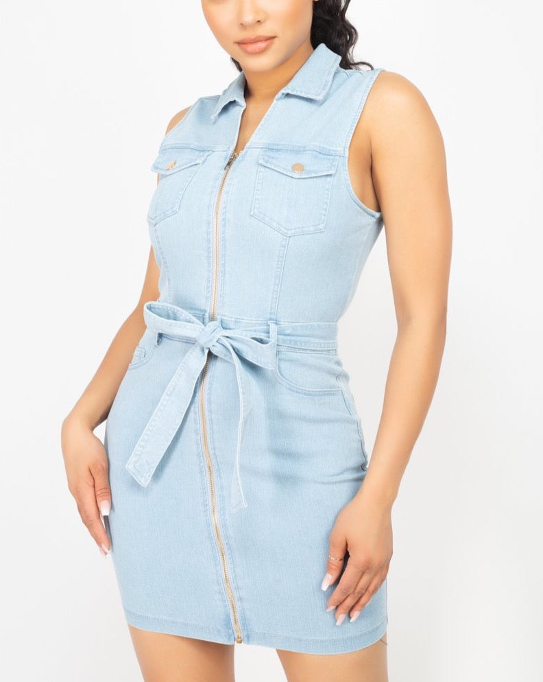 SELF TIE DENIM DRESS